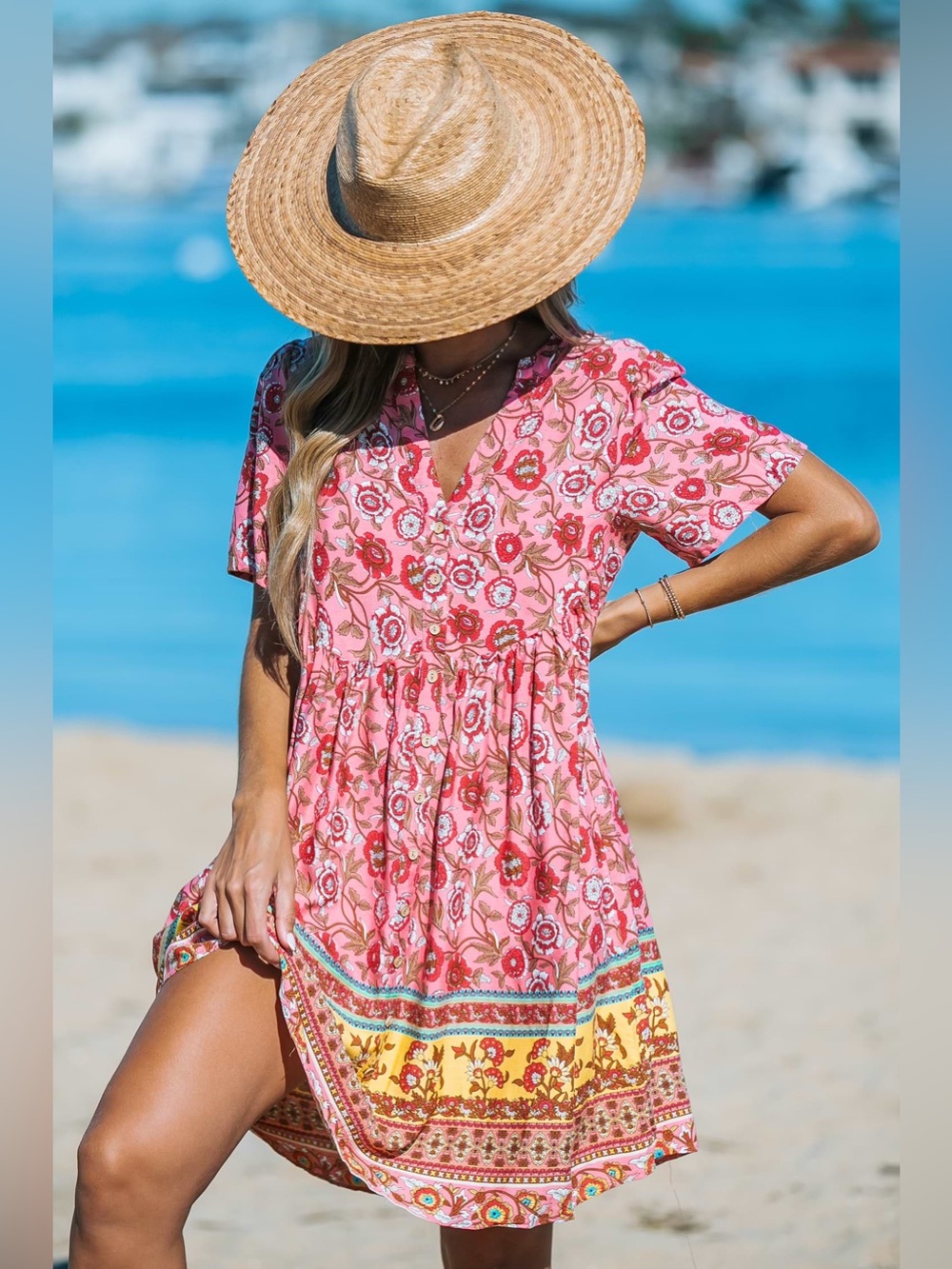 Cupshe Boho Floral Pink and Yellow Dress Size MEDIUM NWT